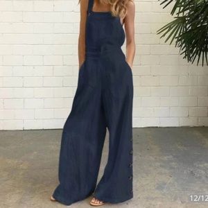 NWT Vonda Cotton Wide Leg Button Detail Overalls Navy Blue Size 2X